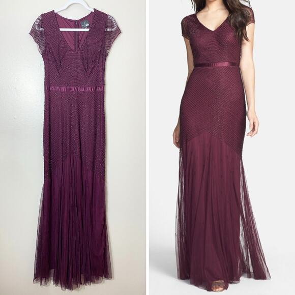 ADRIANNA PAPELL DRESS 8 BEADED MAXI LONG GOWN LATTICE MERLOT EVENING FORMAL CHIC - Picture 1 of 13